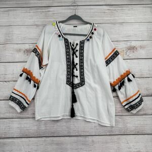 Dodo Bar Or Embroidered Puff Ball Collar Blouse Womens Large White Black